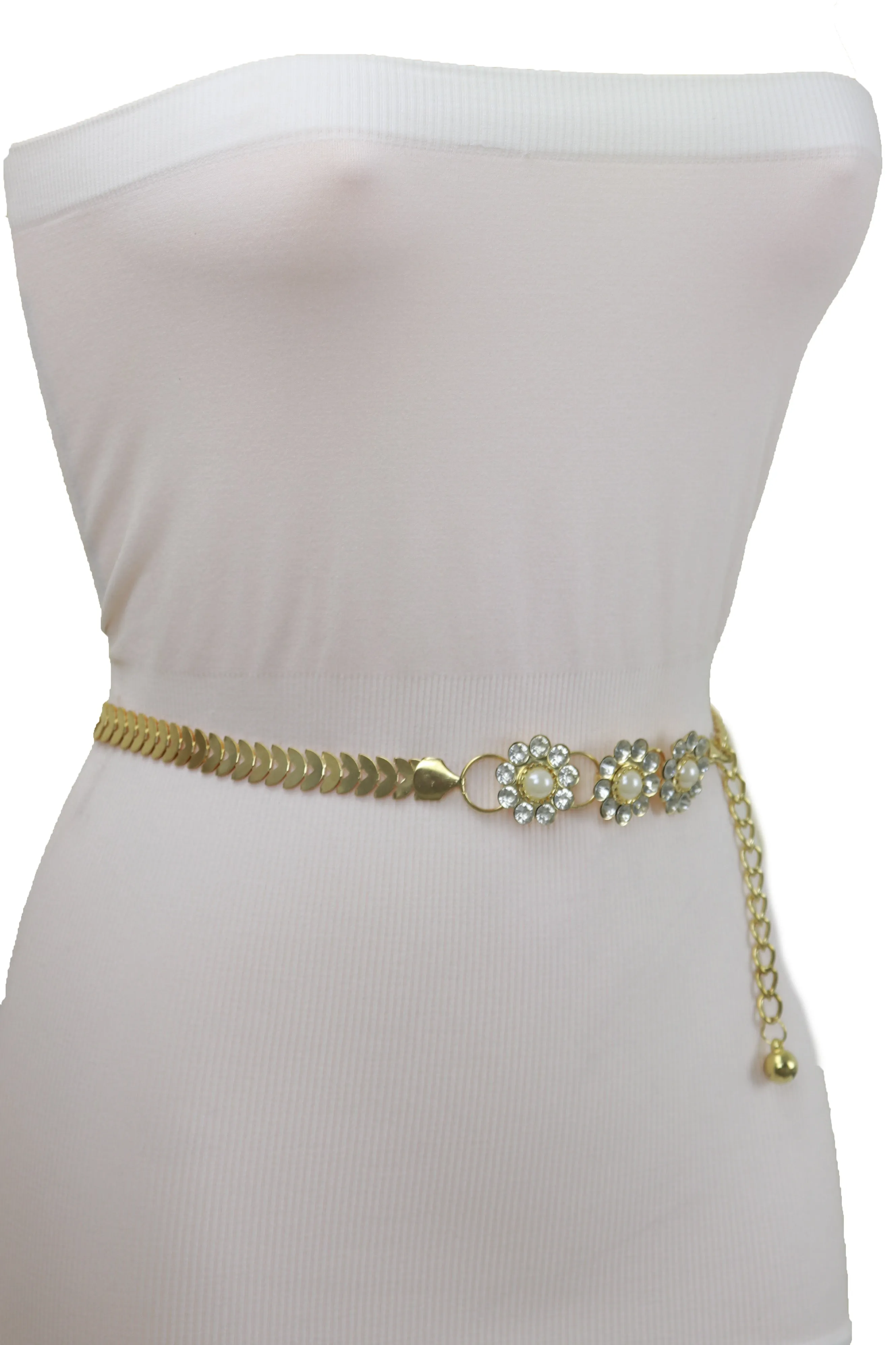 Gold Metal Chain Fashion Belt Flower Charms Adjustable Size S M L