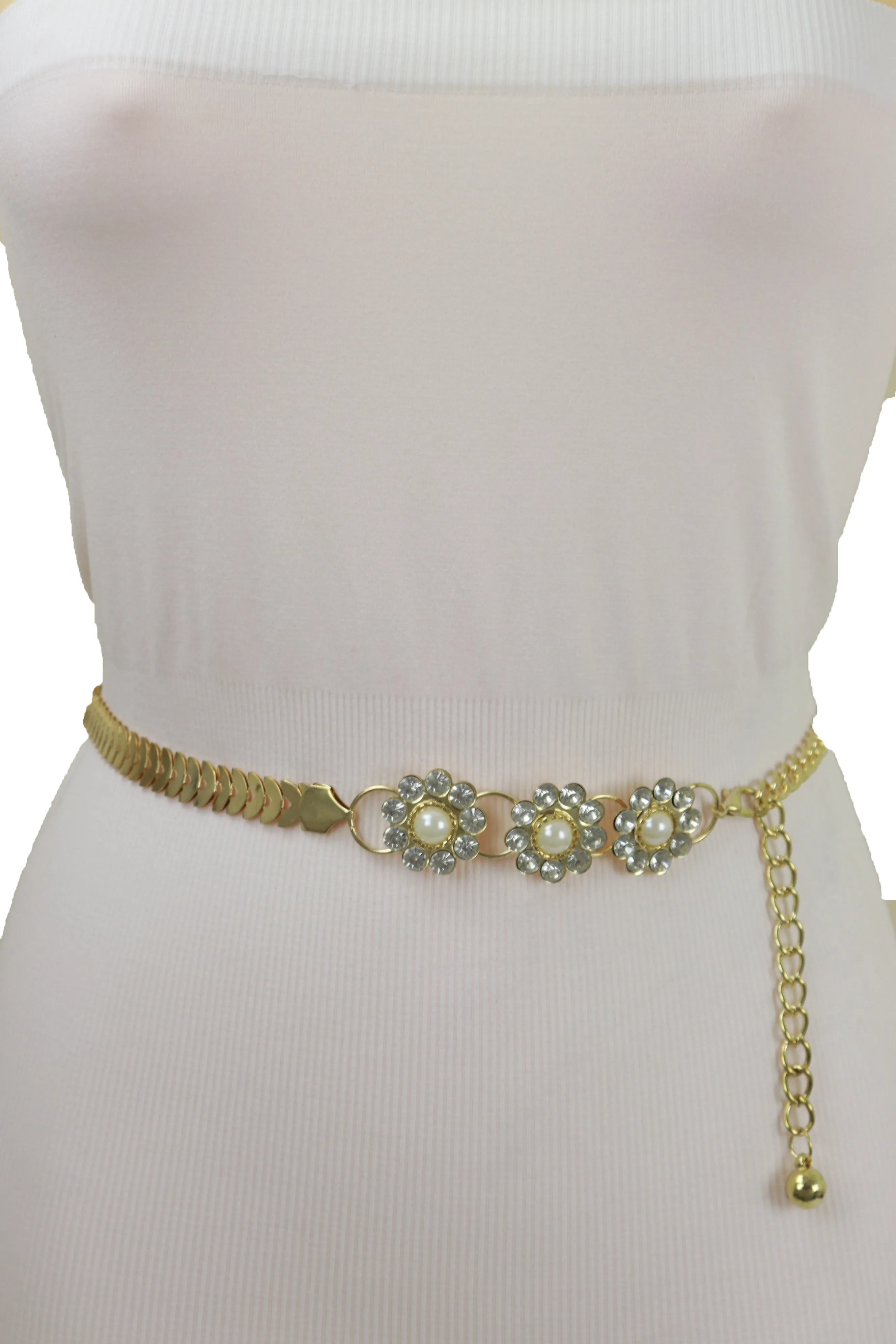 Gold Metal Chain Fashion Belt Flower Charms Adjustable Size S M L