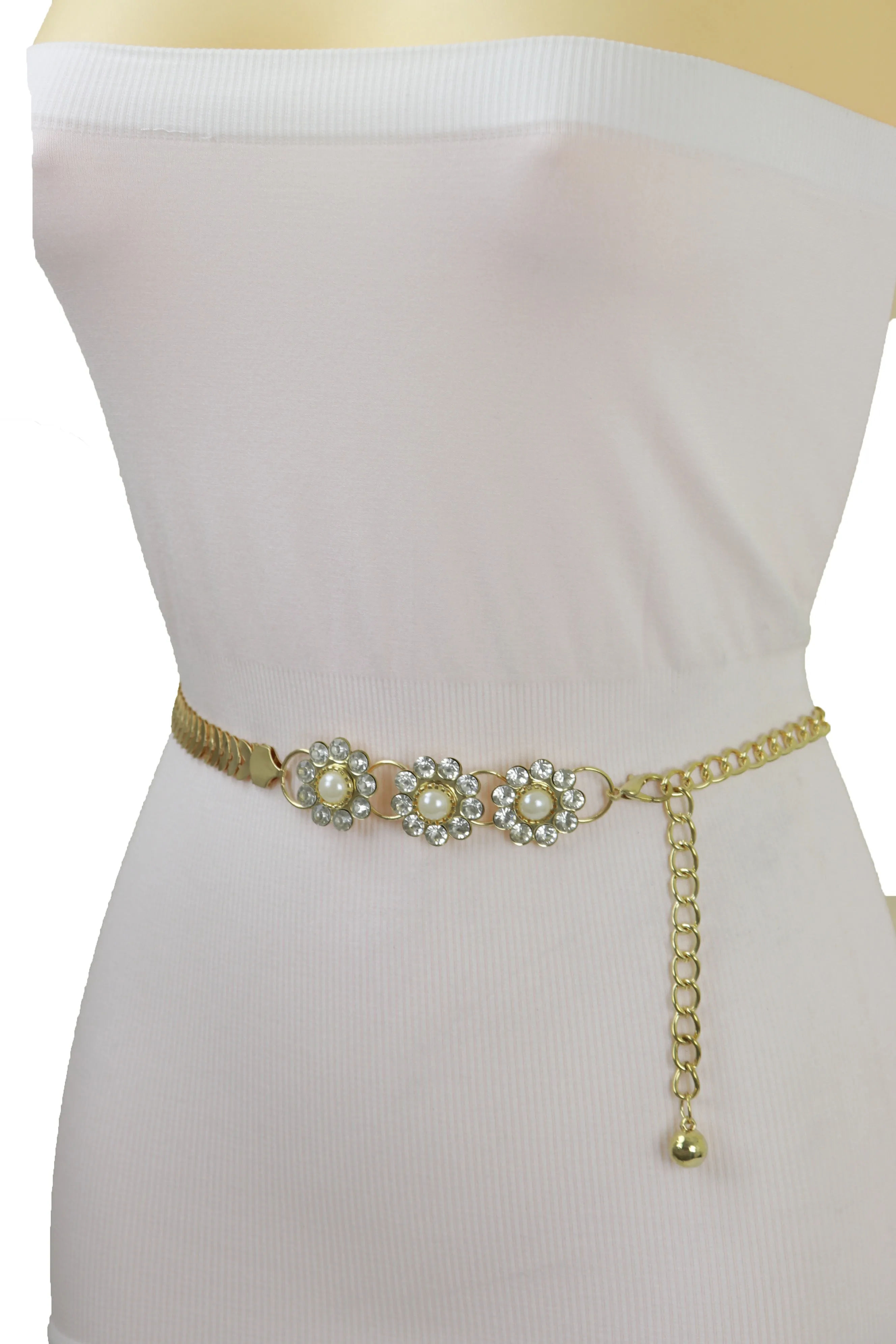 Gold Metal Chain Fashion Belt Flower Charms Adjustable Size S M L