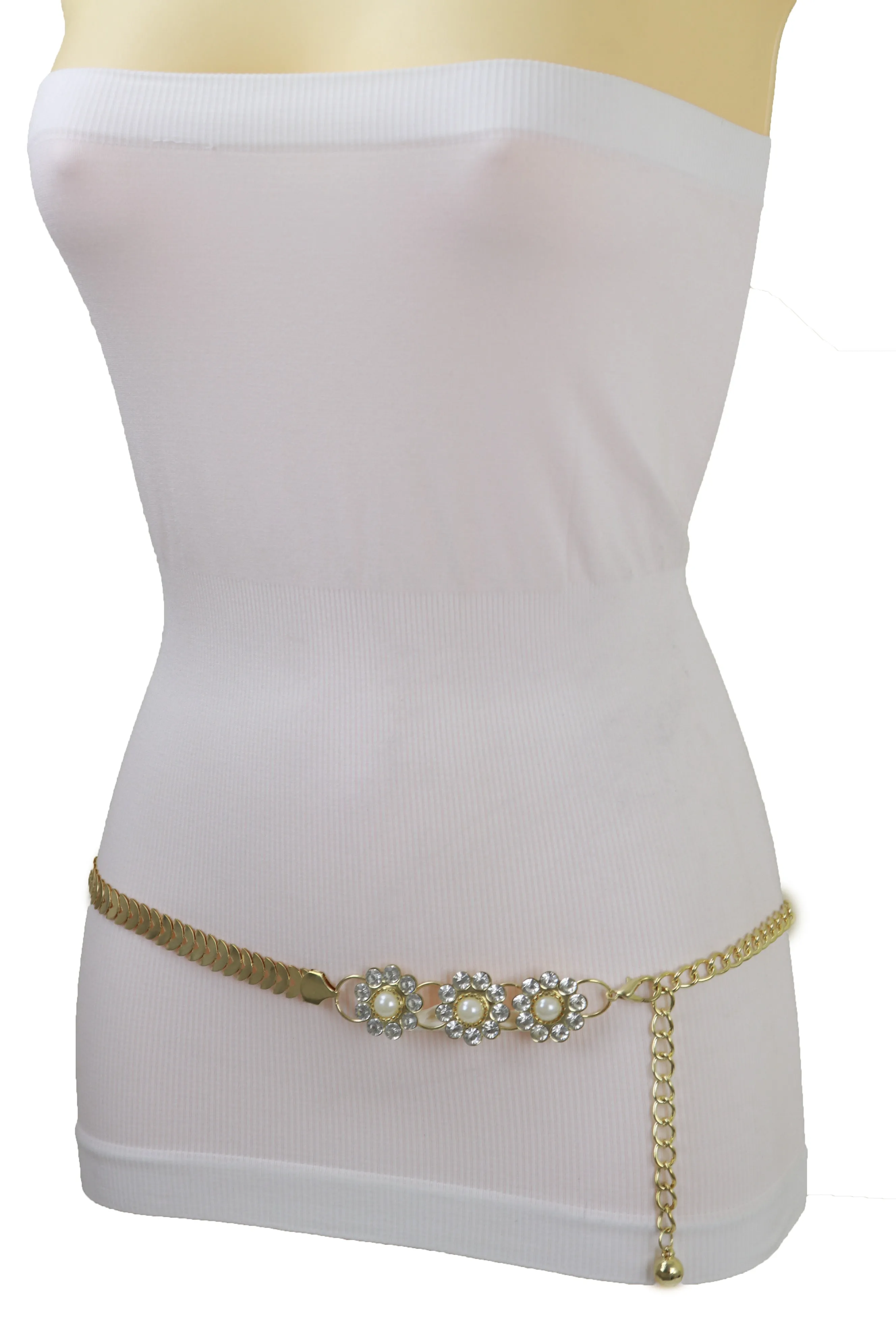 Gold Metal Chain Fashion Belt Flower Charms Adjustable Size S M L