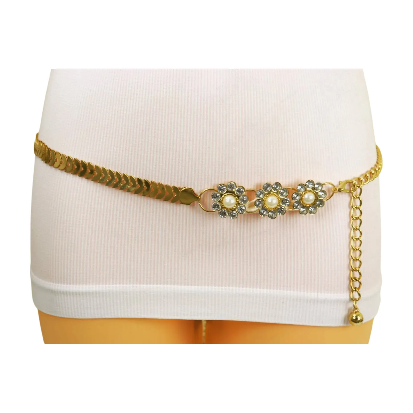 Gold Metal Chain Fashion Belt Flower Charms Adjustable Size S M L