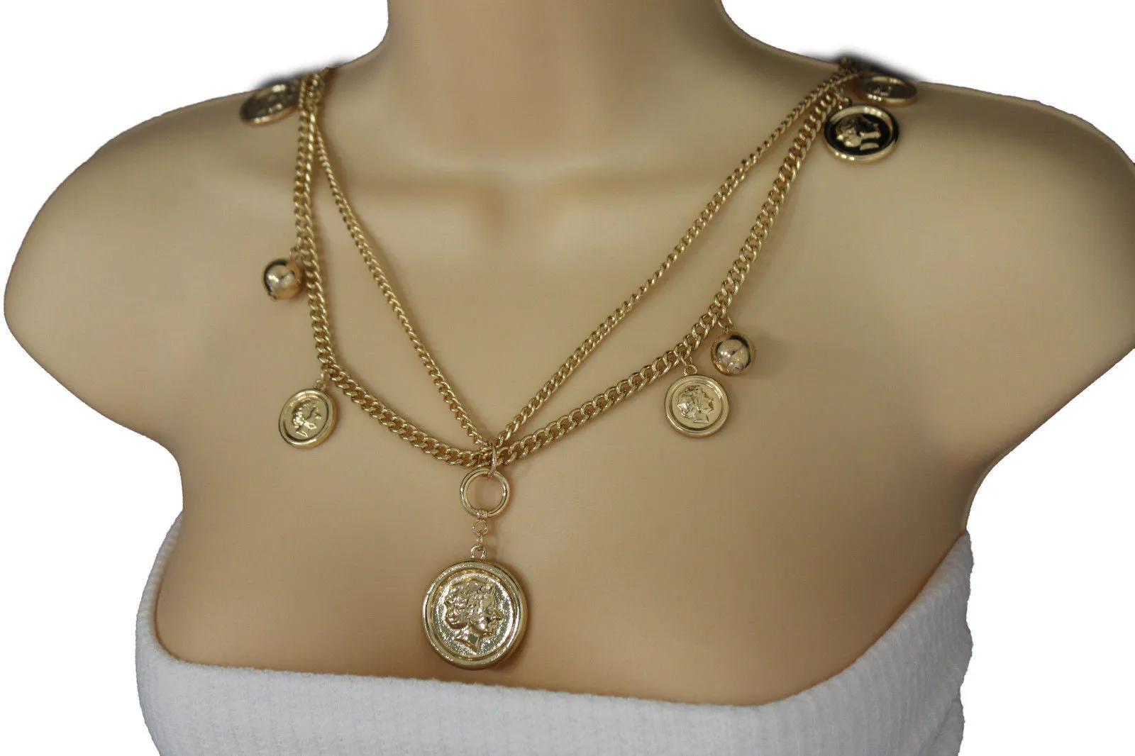 Gold Metal Chain Link Multi Coins 2 Strands Charms Long Necklace