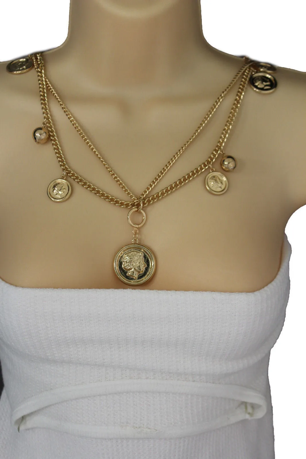 Gold Metal Chain Link Multi Coins 2 Strands Charms Long Necklace