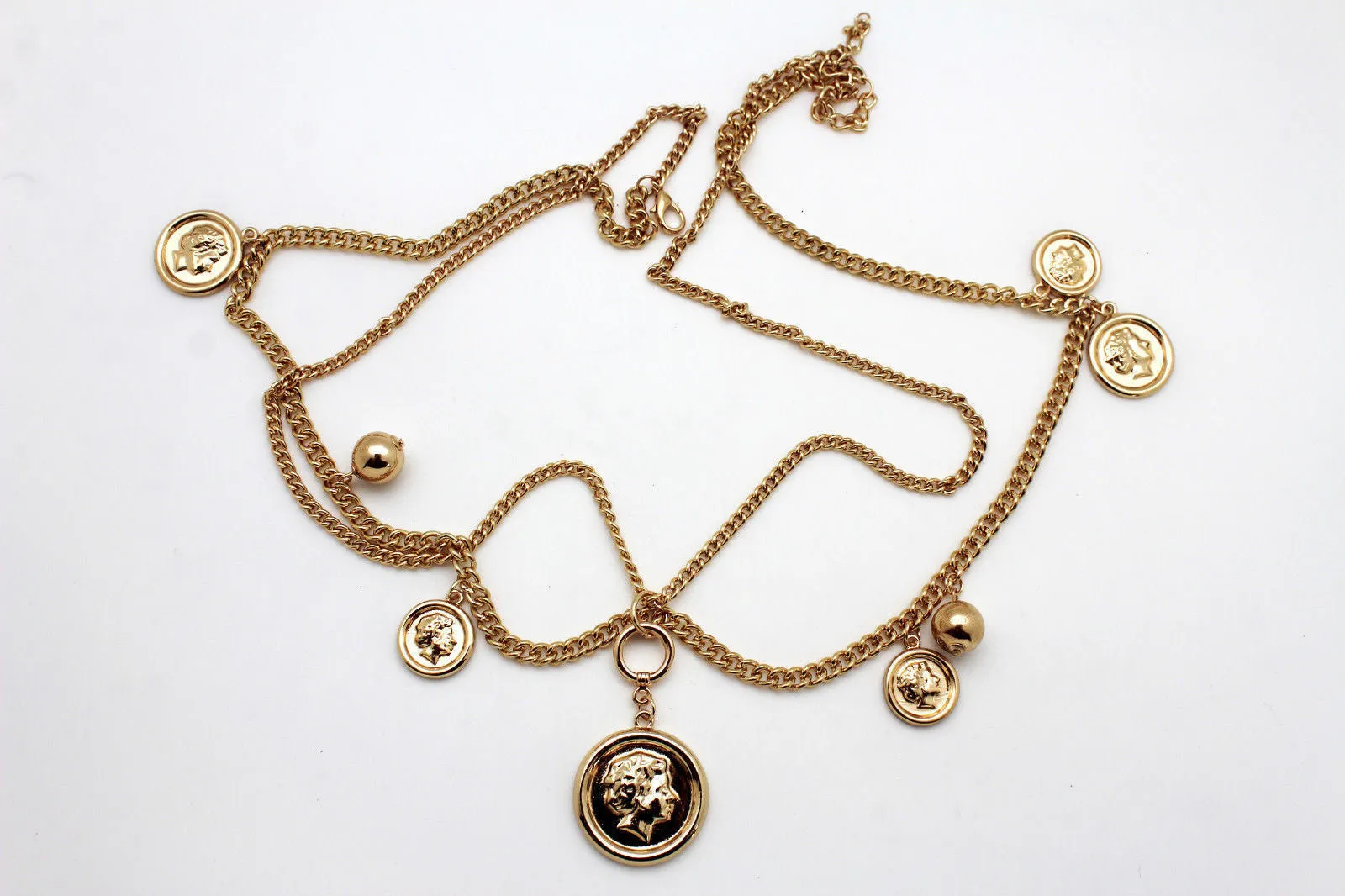 Gold Metal Chain Link Multi Coins 2 Strands Charms Long Necklace