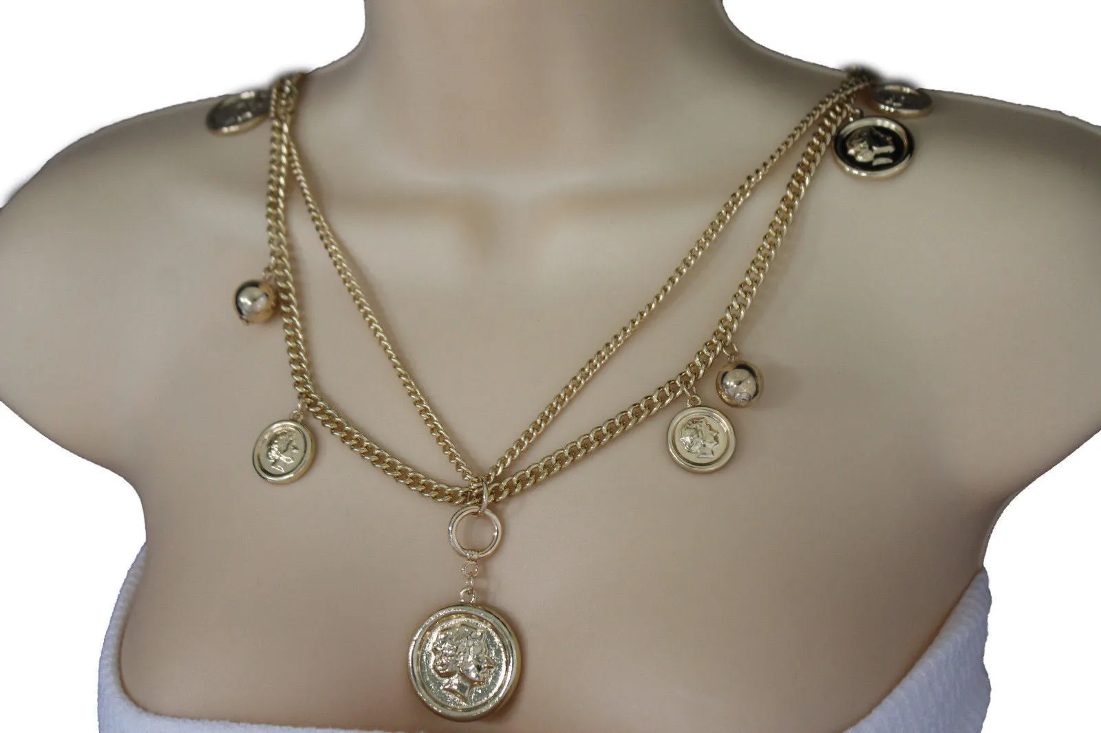 Gold Metal Chain Link Multi Coins 2 Strands Charms Long Necklace