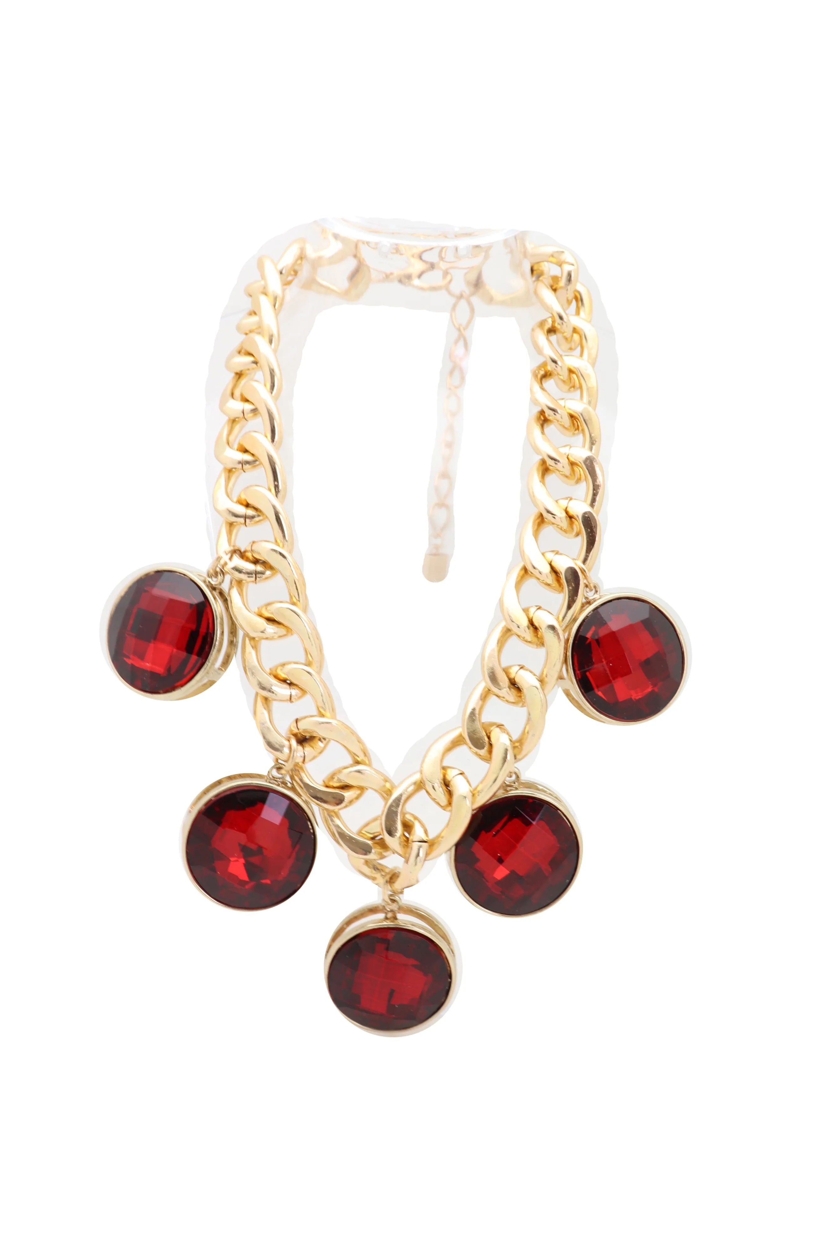 Gold Metal Chain Link Short Necklace Bling Red Bead Charms Pendant