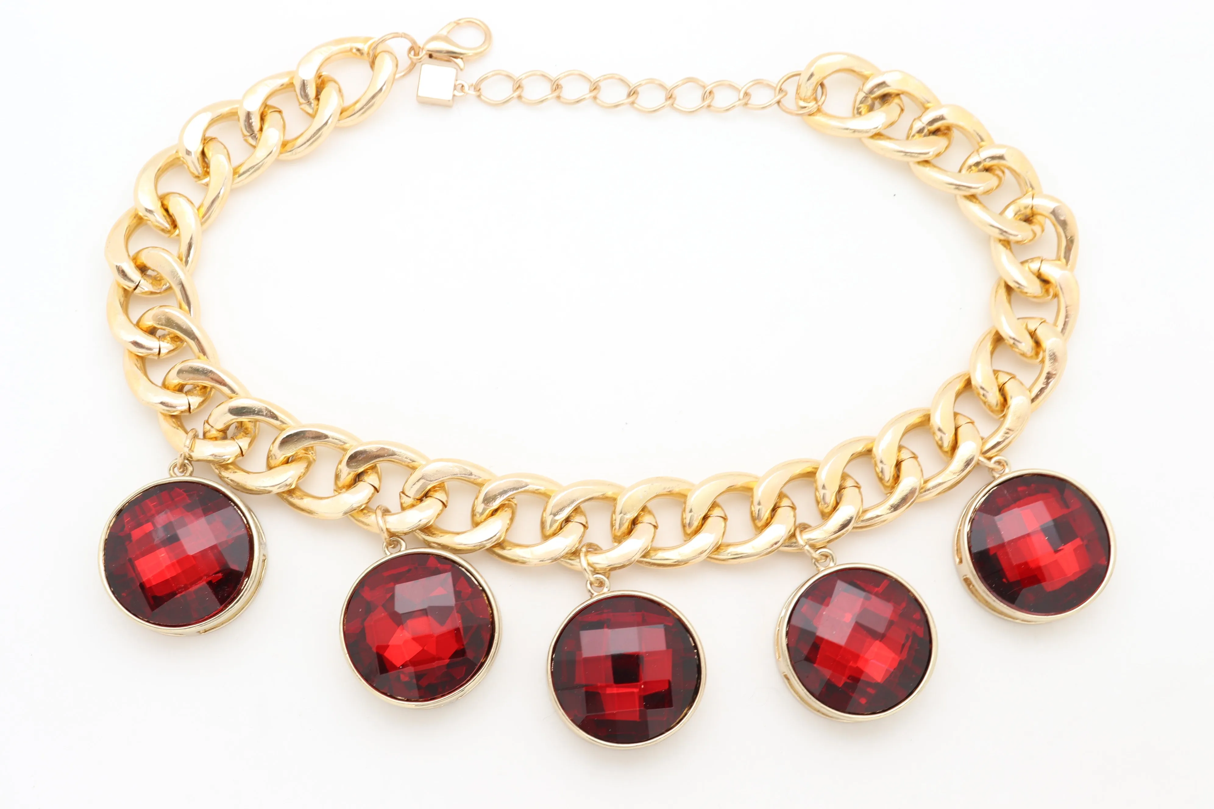 Gold Metal Chain Link Short Necklace Bling Red Bead Charms Pendant