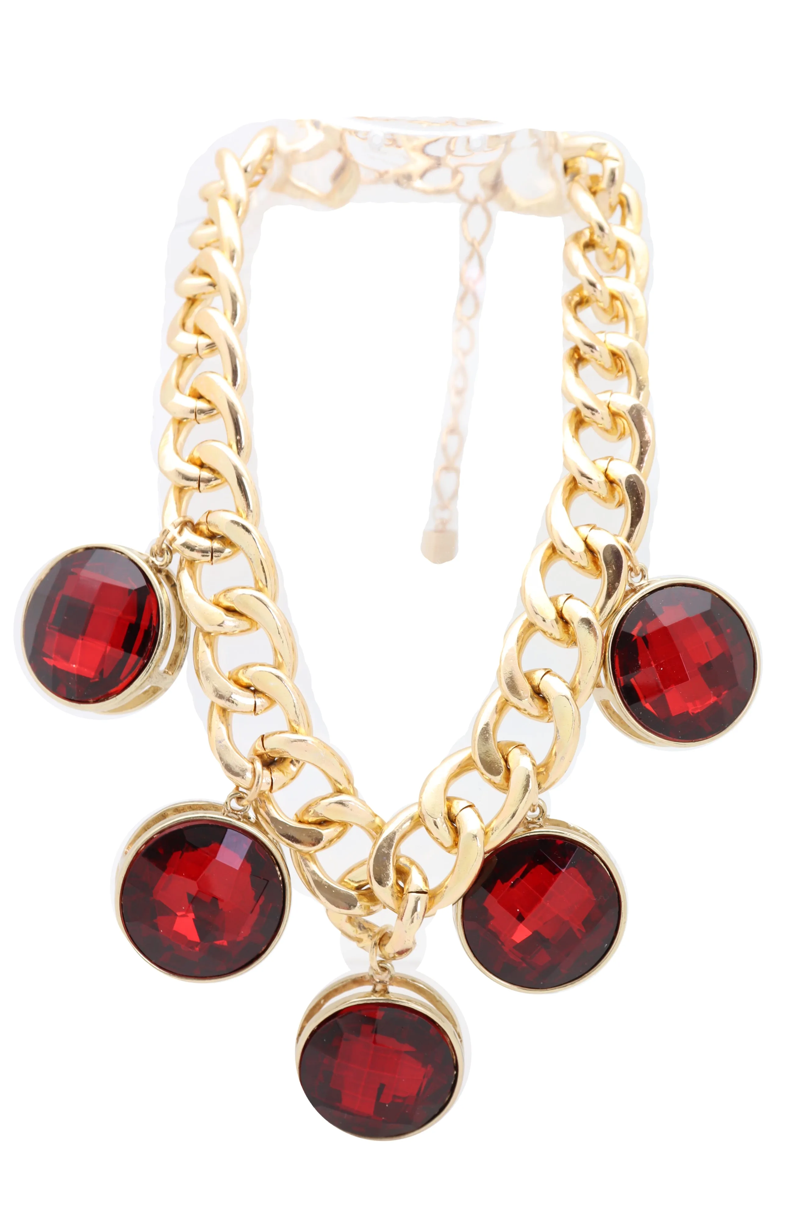 Gold Metal Chain Link Short Necklace Bling Red Bead Charms Pendant