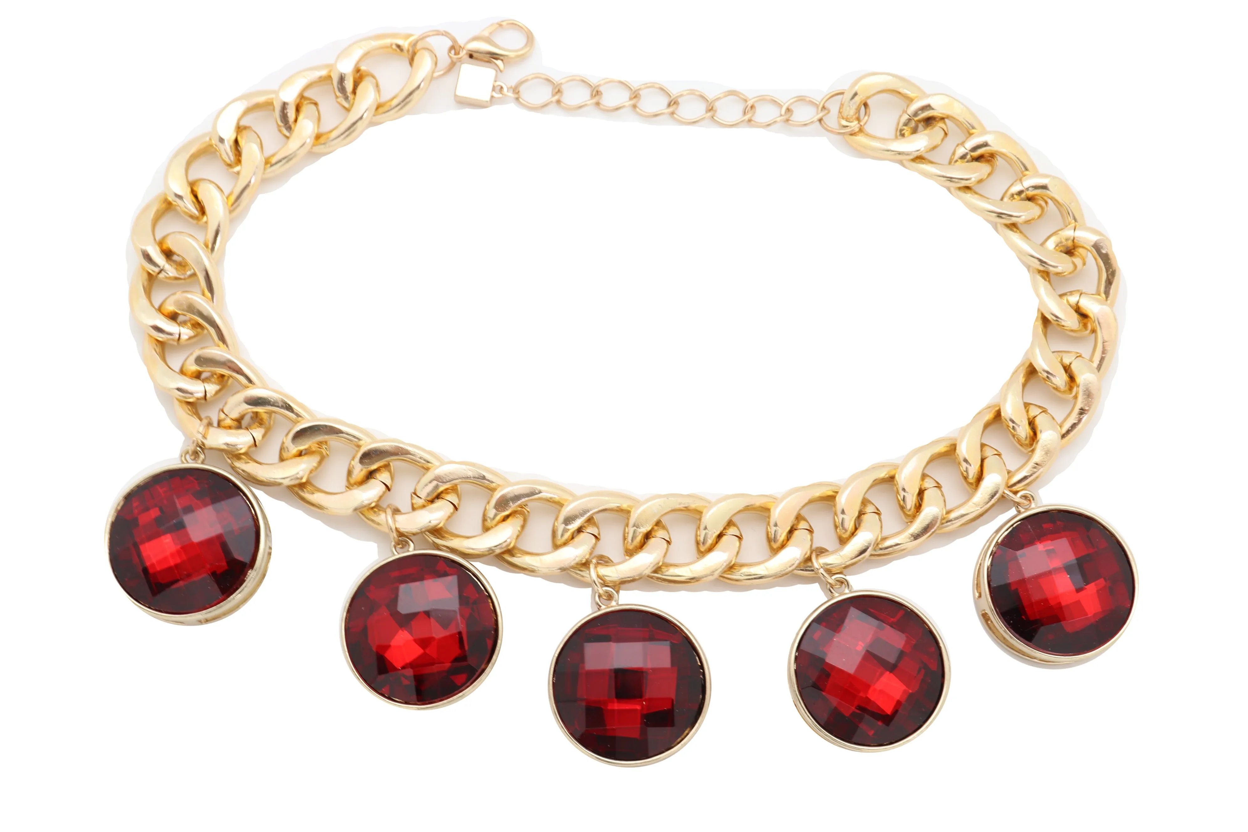 Gold Metal Chain Link Short Necklace Bling Red Bead Charms Pendant