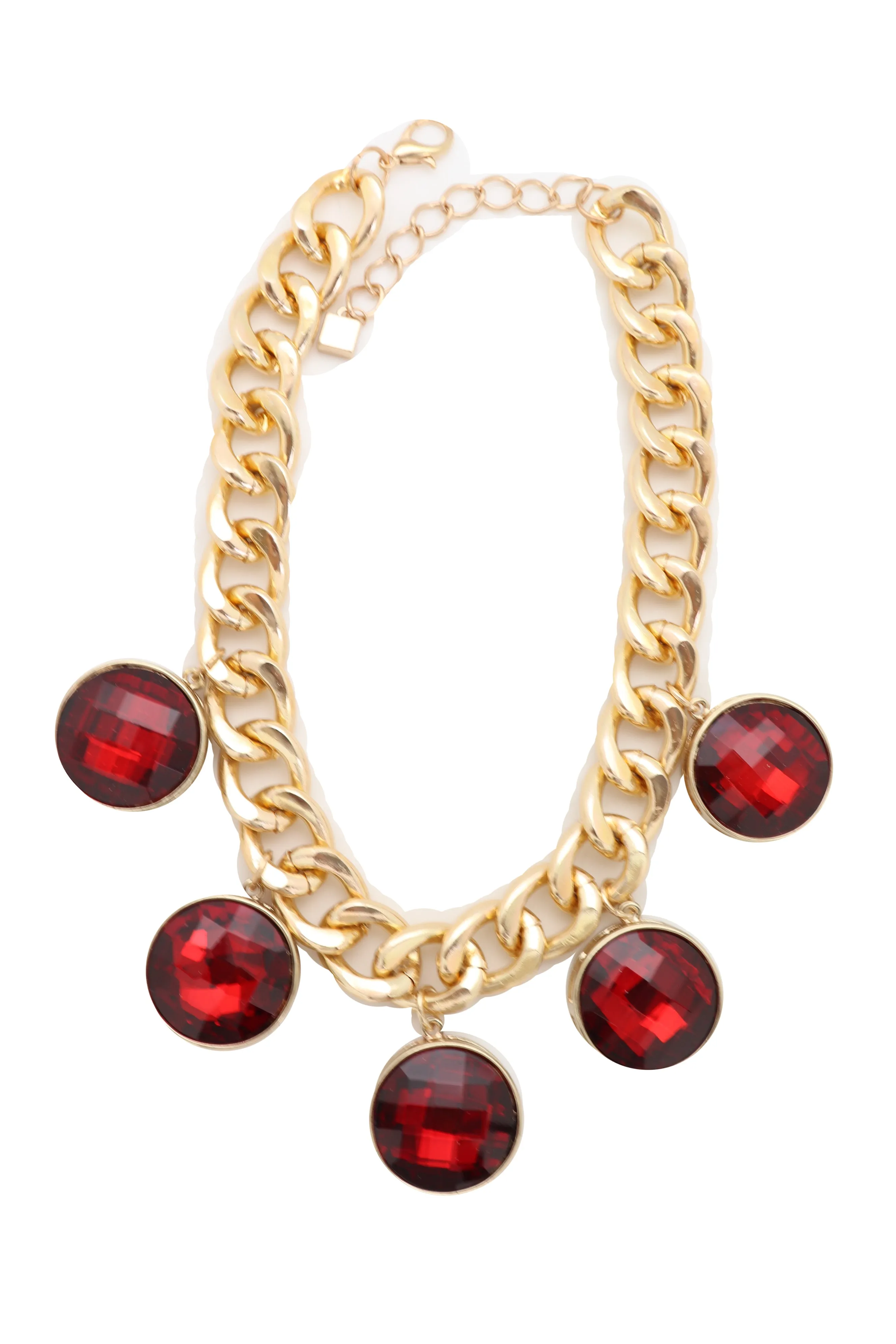 Gold Metal Chain Link Short Necklace Bling Red Bead Charms Pendant