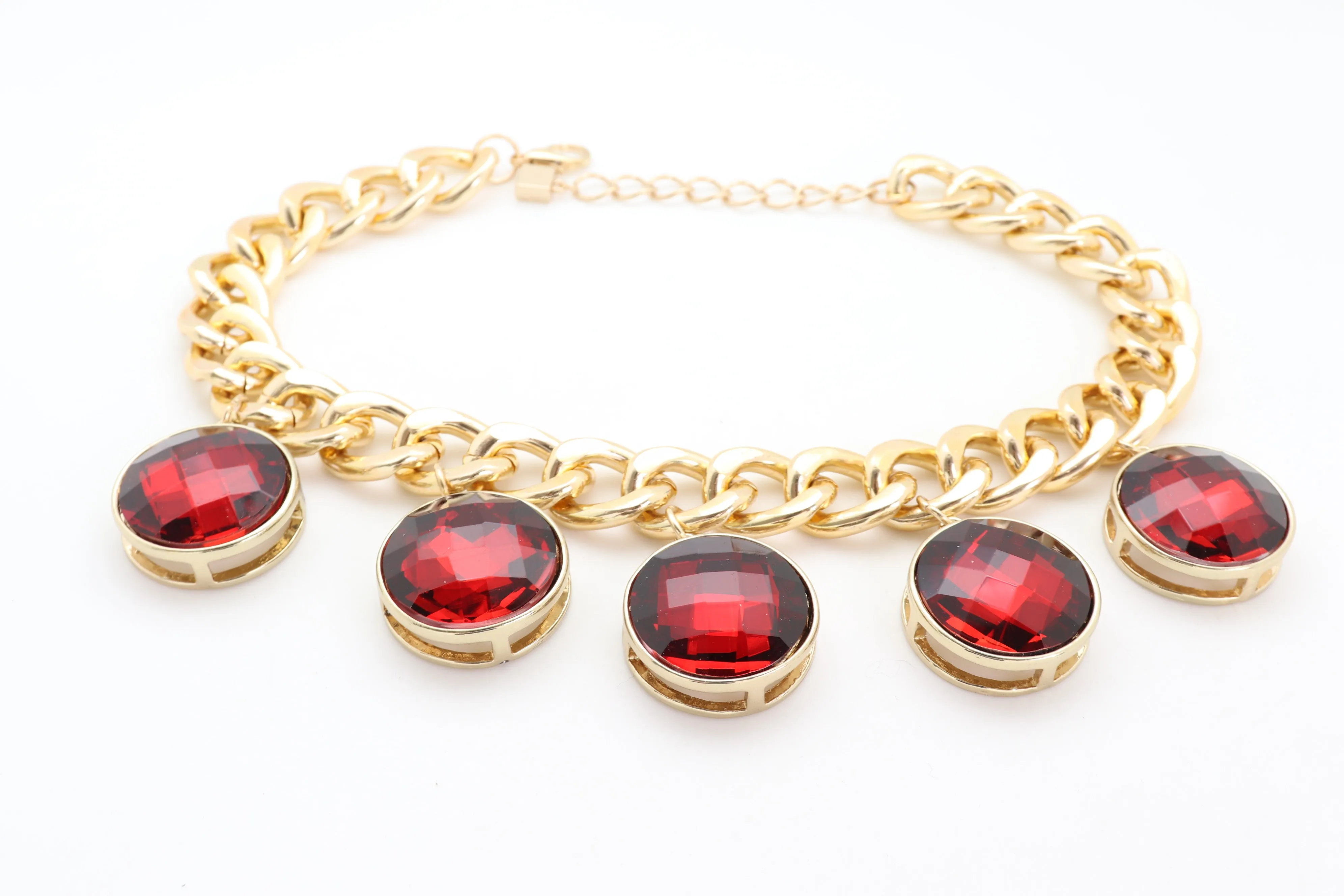 Gold Metal Chain Link Short Necklace Bling Red Bead Charms Pendant