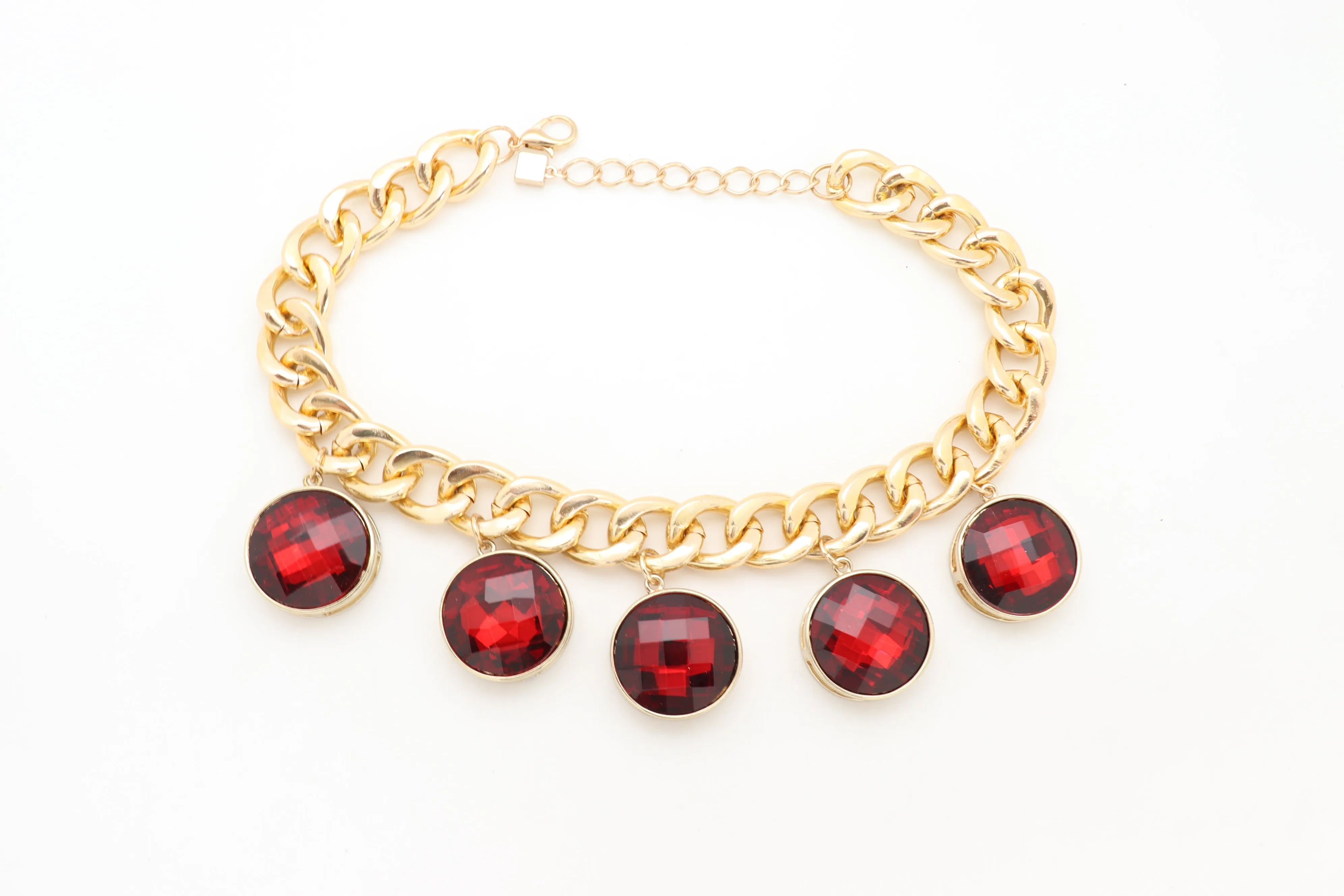 Gold Metal Chain Link Short Necklace Bling Red Bead Charms Pendant