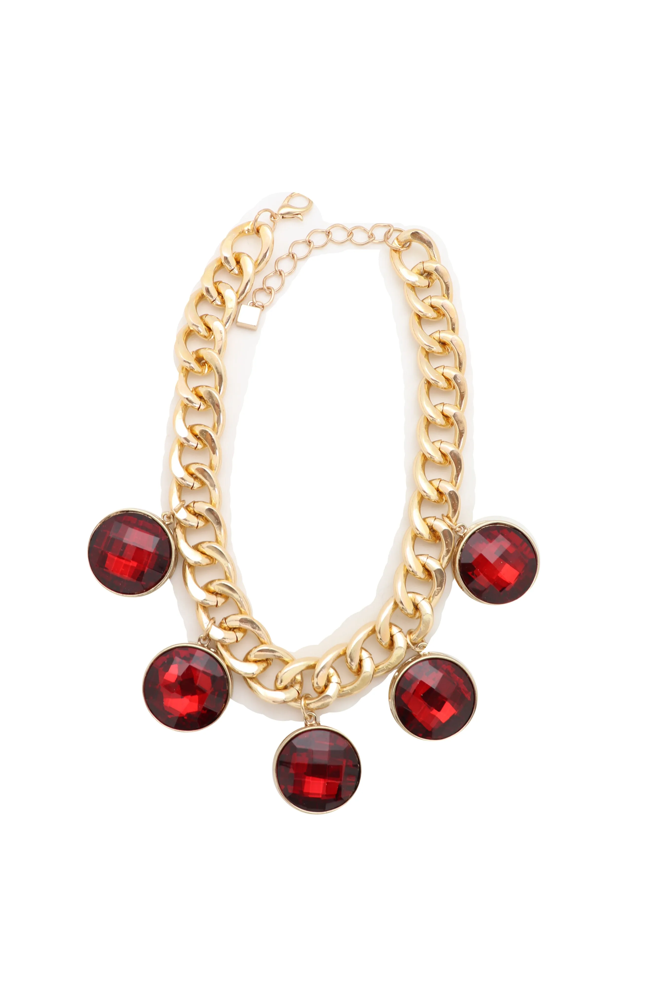 Gold Metal Chain Link Short Necklace Bling Red Bead Charms Pendant