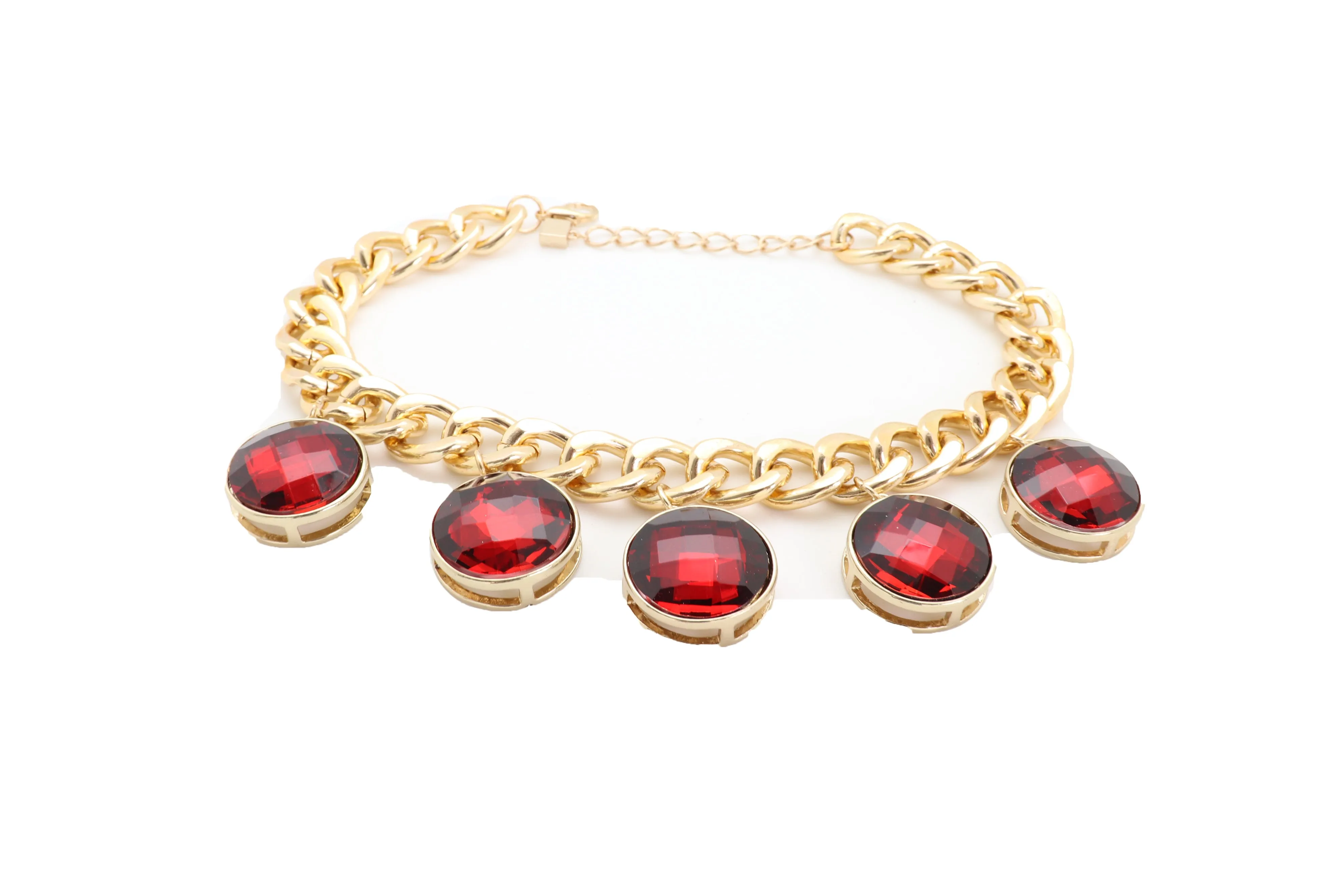 Gold Metal Chain Link Short Necklace Bling Red Bead Charms Pendant