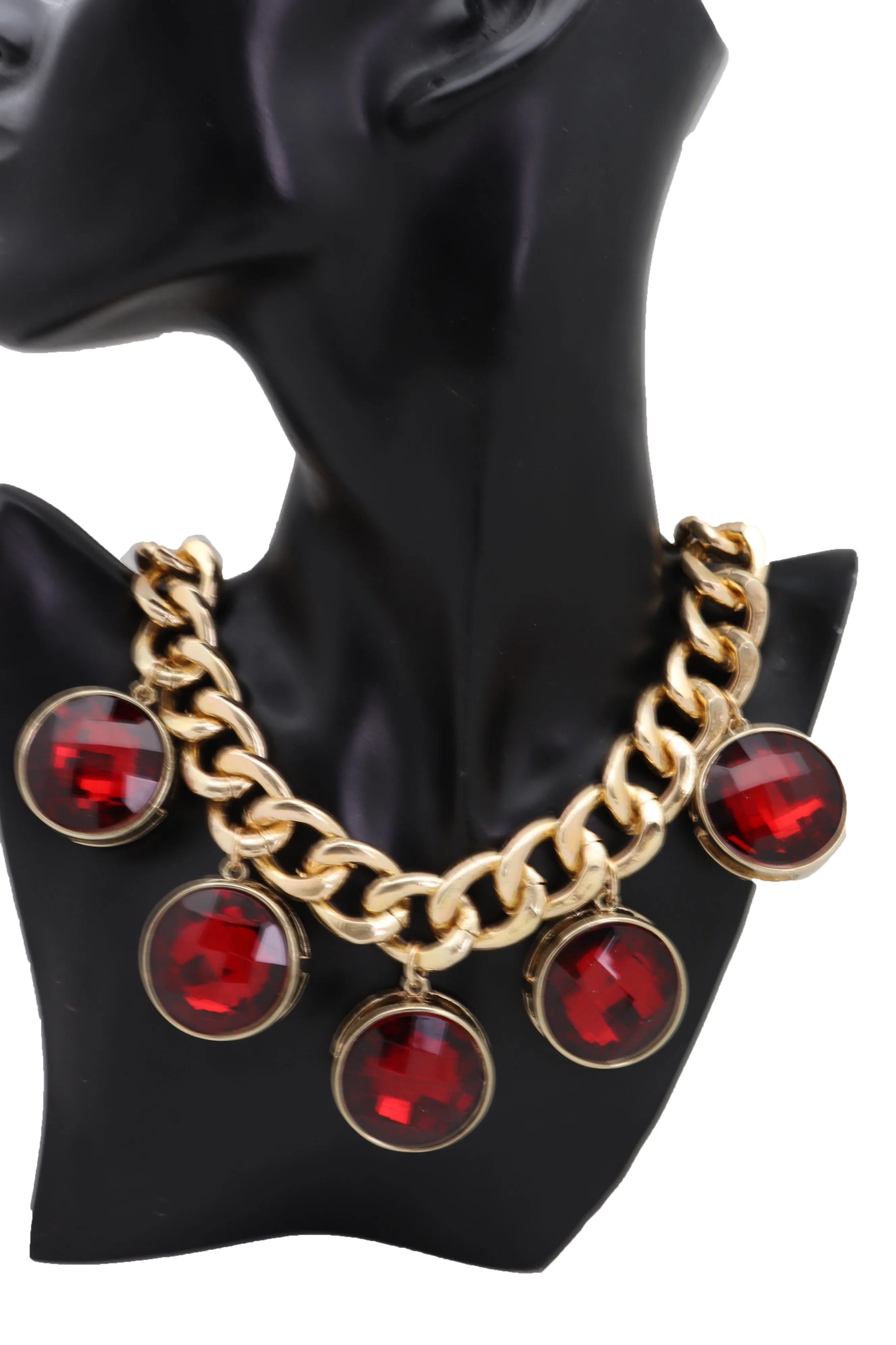 Gold Metal Chain Link Short Necklace Bling Red Bead Charms Pendant