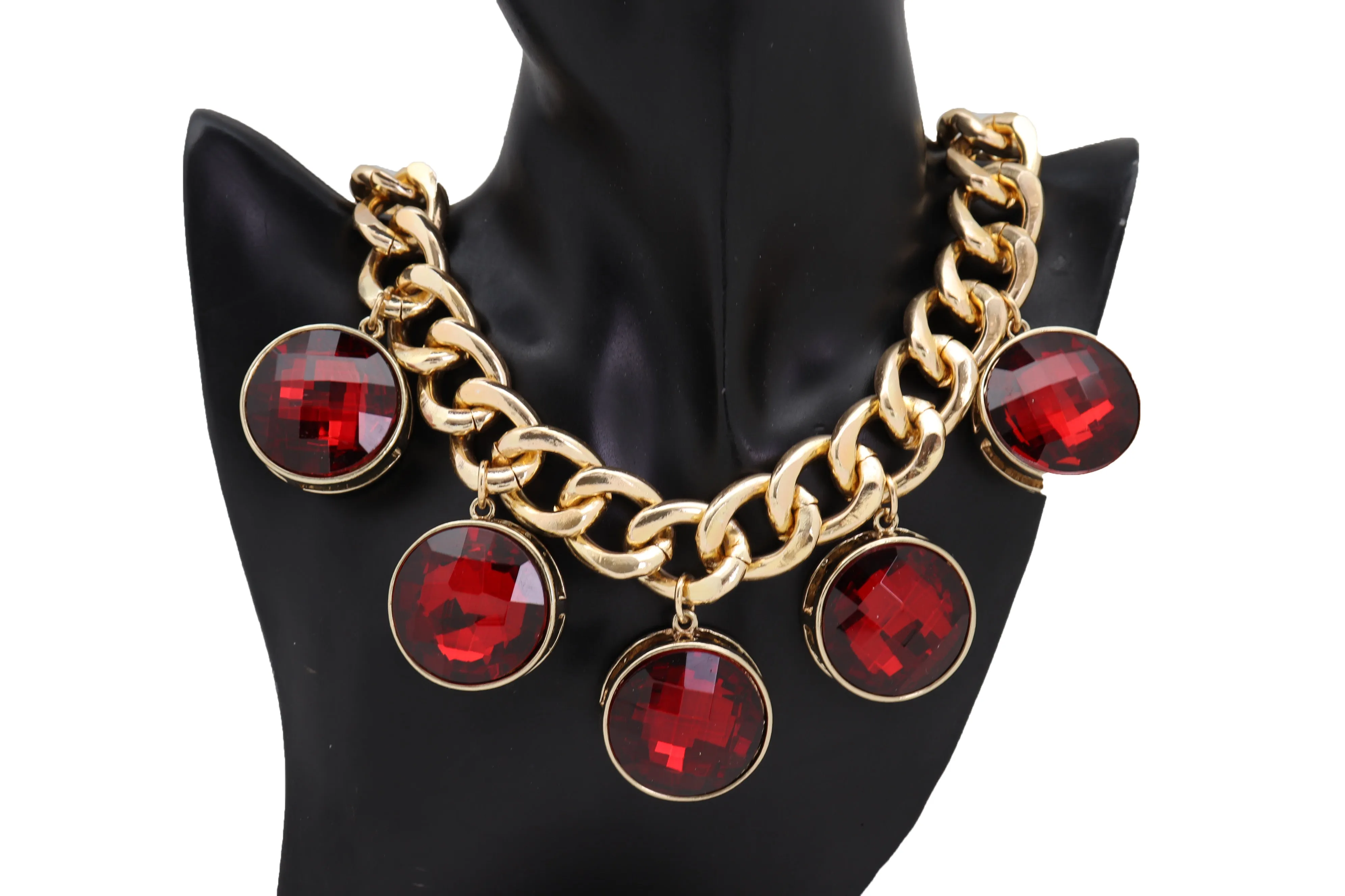 Gold Metal Chain Link Short Necklace Bling Red Bead Charms Pendant