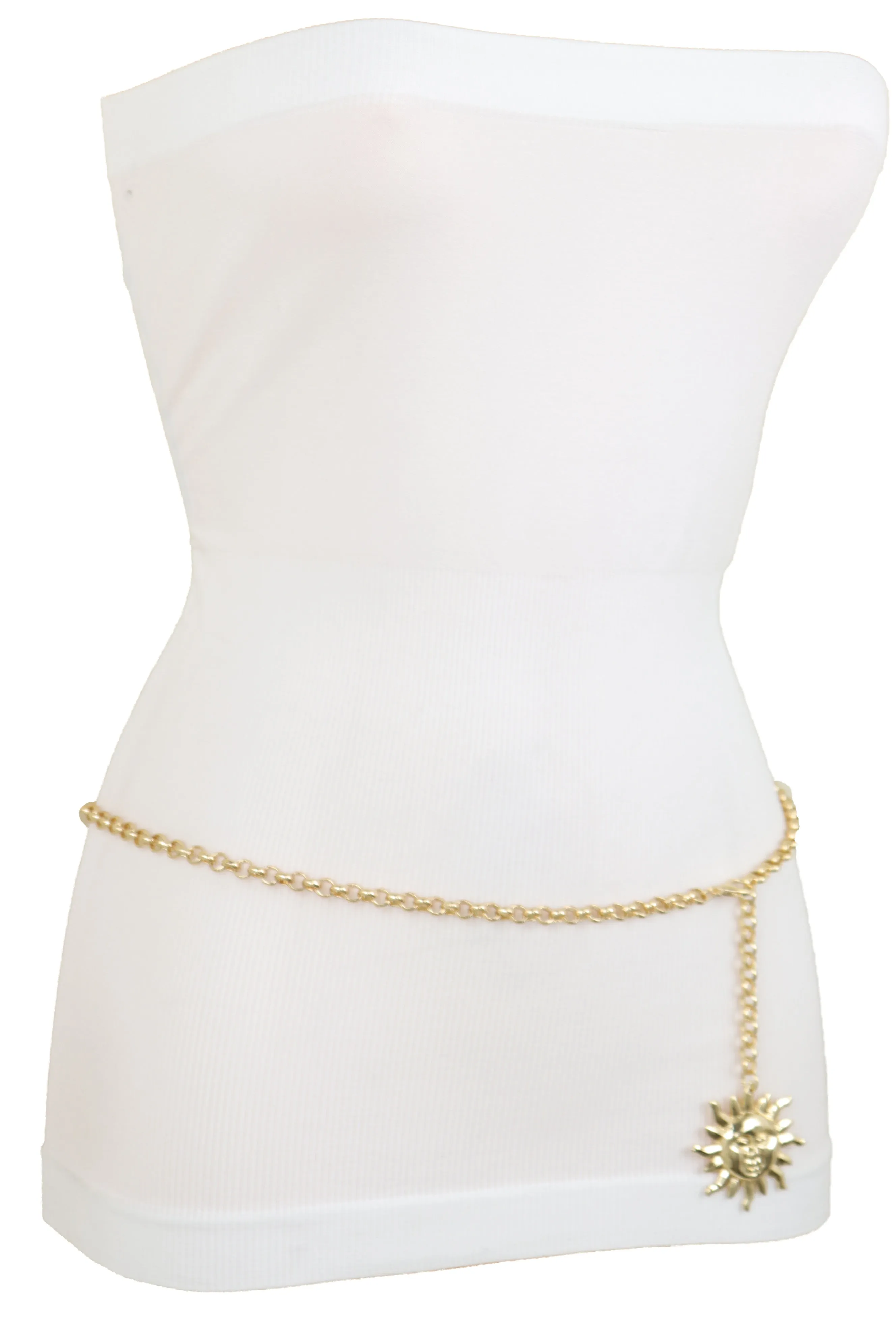 Gold Metal Chain Narrow Waistband Fashion Belt Sun Charm Plus Size XL XXL