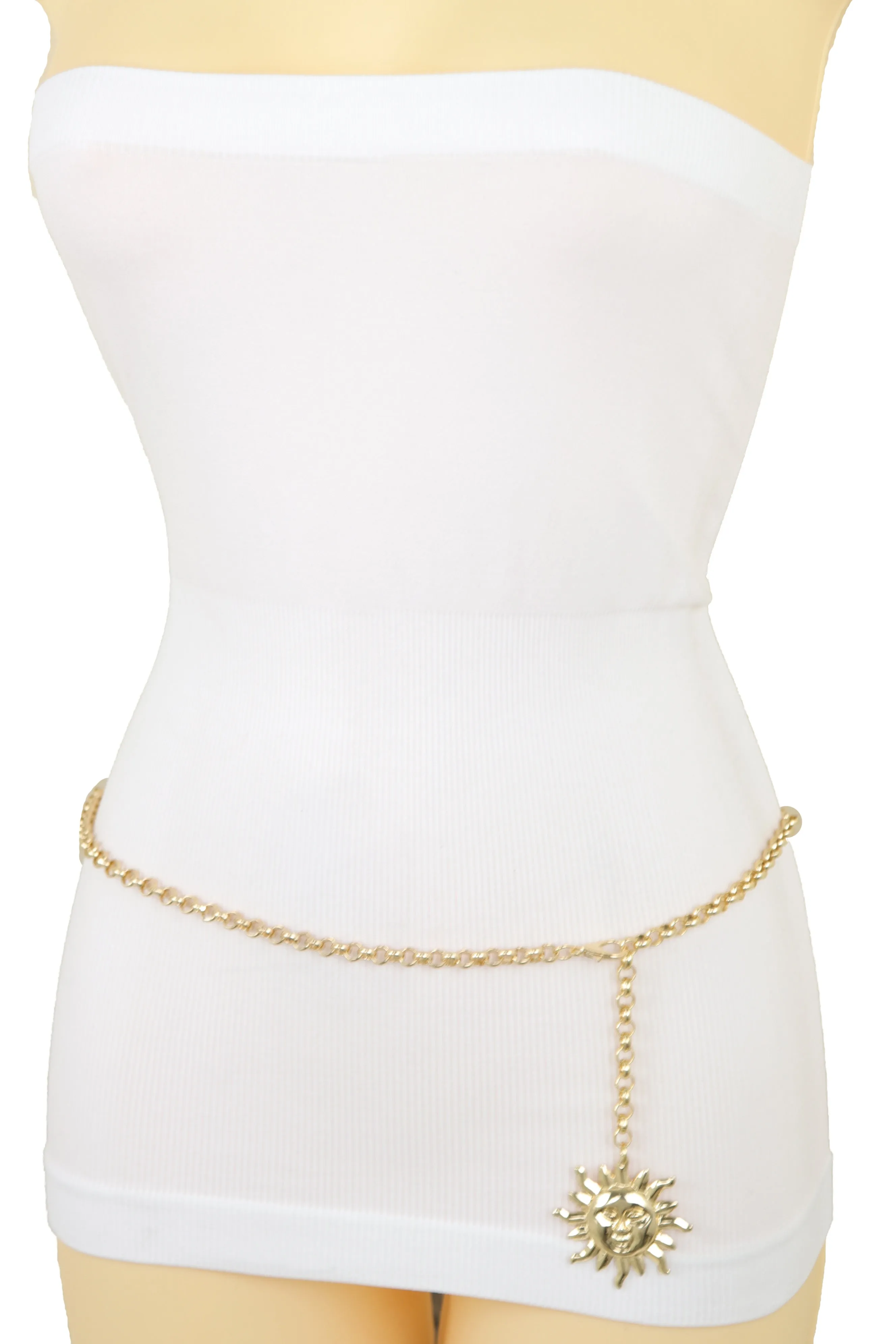 Gold Metal Chain Narrow Waistband Fashion Belt Sun Charm Plus Size XL XXL