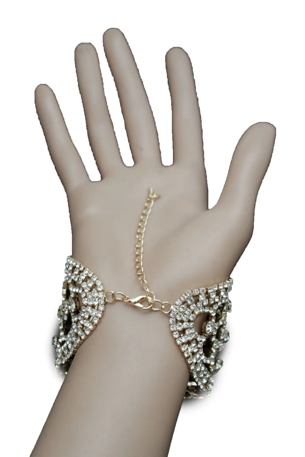 Gold Metal Chains Bracelet Silver Rhinestones Bridal Wedding Wrist