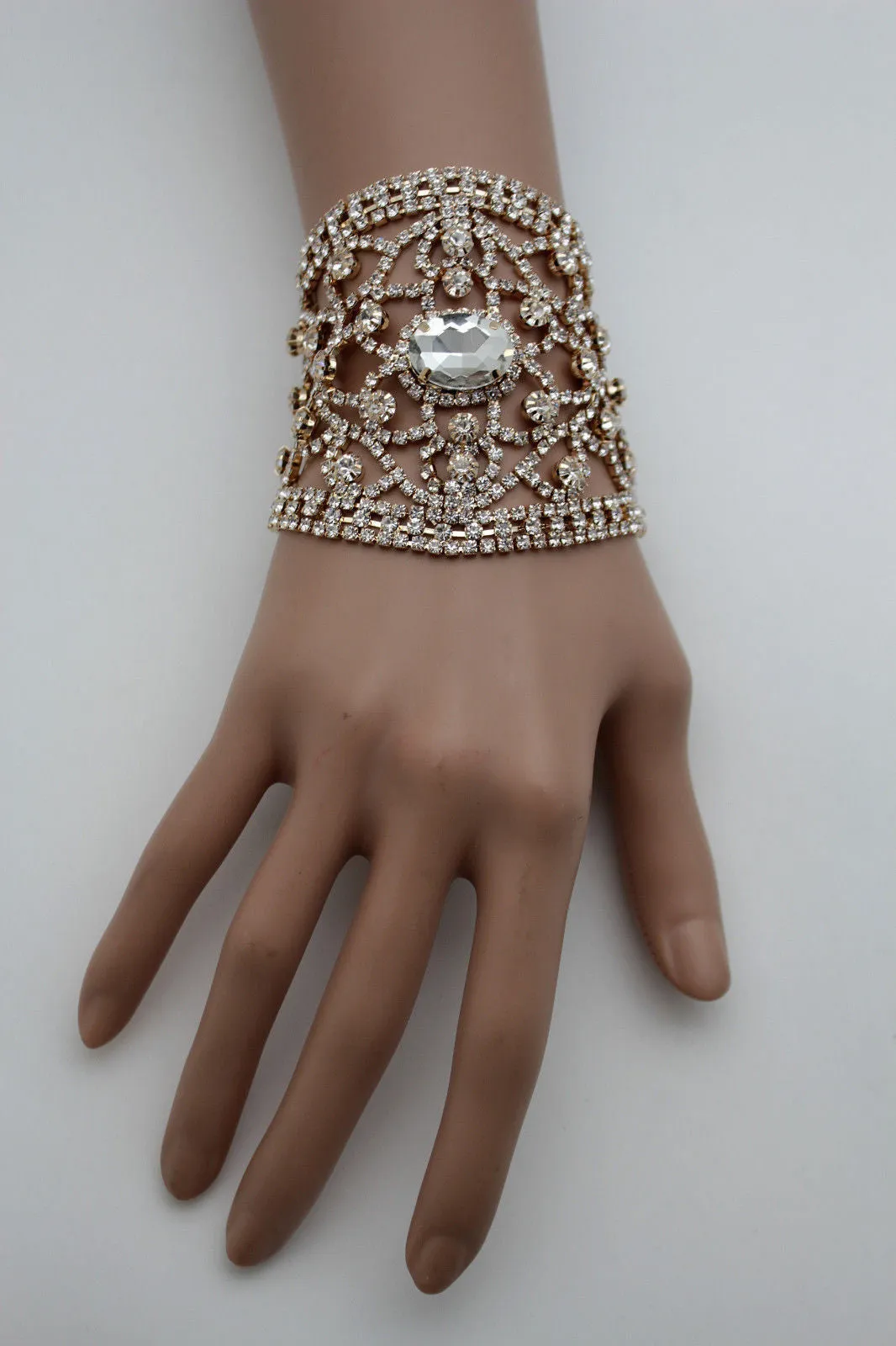 Gold Metal Chains Bracelet Silver Rhinestones Bridal Wedding Wrist