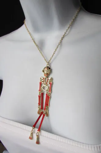 Gold Metal Chains Red Skeleton Body Pendant 13" Long Necklace Halloween Style