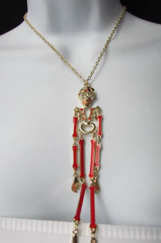 Gold Metal Chains Red Skeleton Body Pendant 13" Long Necklace Halloween Style