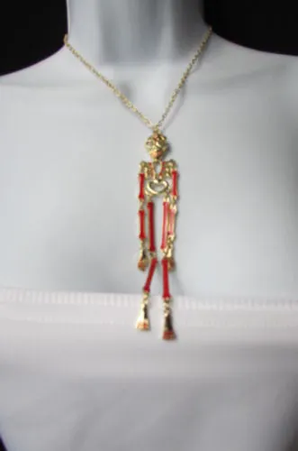 Gold Metal Chains Red Skeleton Body Pendant 13" Long Necklace Halloween Style