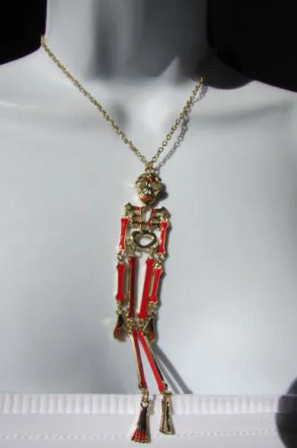 Gold Metal Chains Red Skeleton Body Pendant 13" Long Necklace Halloween Style