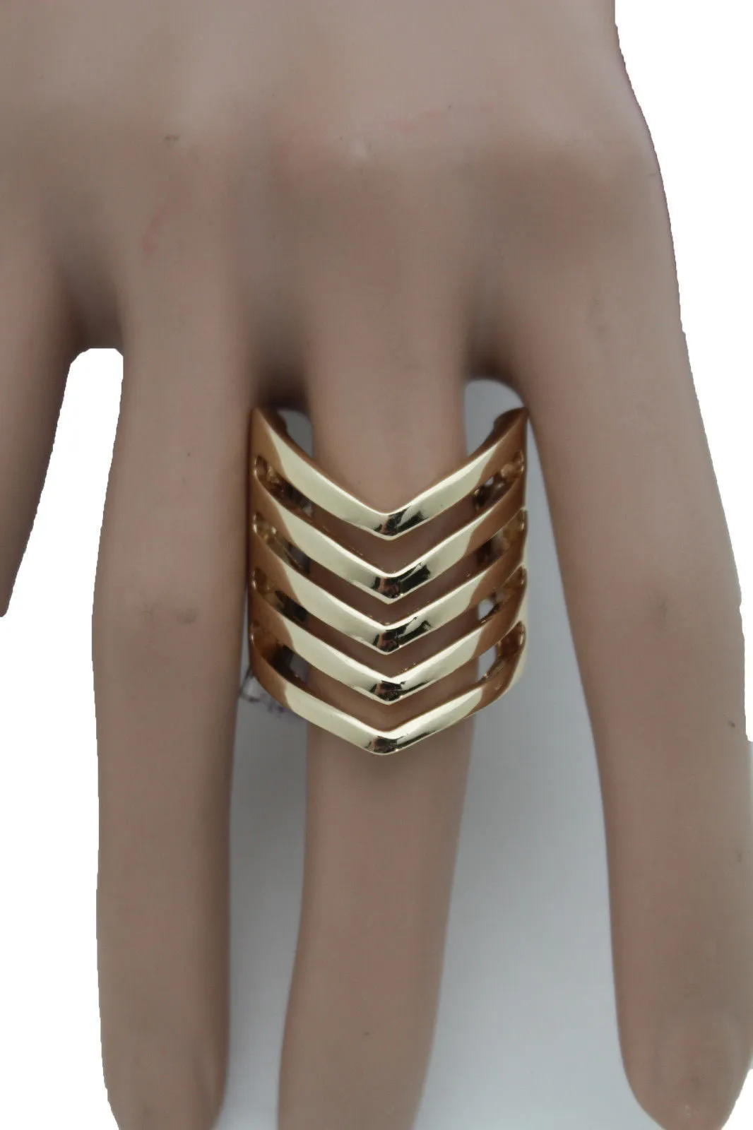 Gold Metal Elastic Band Ring Stripes Chevron Stylish Sexy