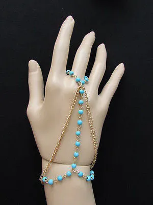 Gold Metal Hand Chain Bracelet 3 Strands Chain Sky Blue Beads