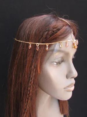 Gold Metal Head Chain Multi Fringes Clear Brown Beads Hair Piece Women Wedding Party Beach