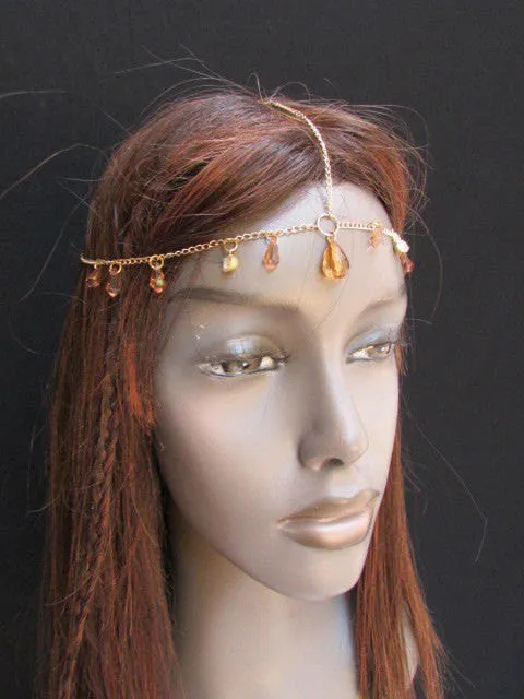 Gold Metal Head Chain Multi Fringes Clear Brown Beads Hair Piece Women Wedding Party Beach