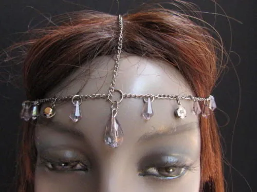 Gold Metal Head Chain Multi Fringes Clear Brown Beads Hair Piece Women Wedding Party Beach