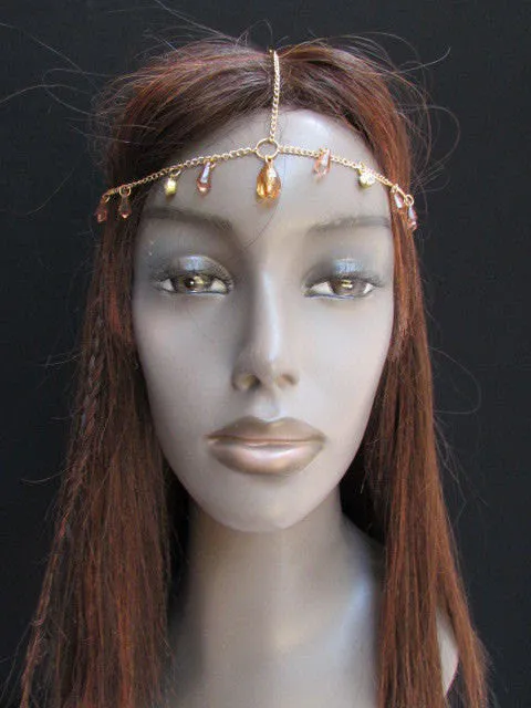 Gold Metal Head Chain Multi Fringes Clear Brown Beads Hair Piece Women Wedding Party Beach