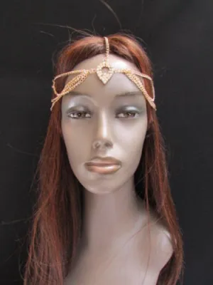 Gold Metal Multi Rhinestones Drapes Head Band Forehead