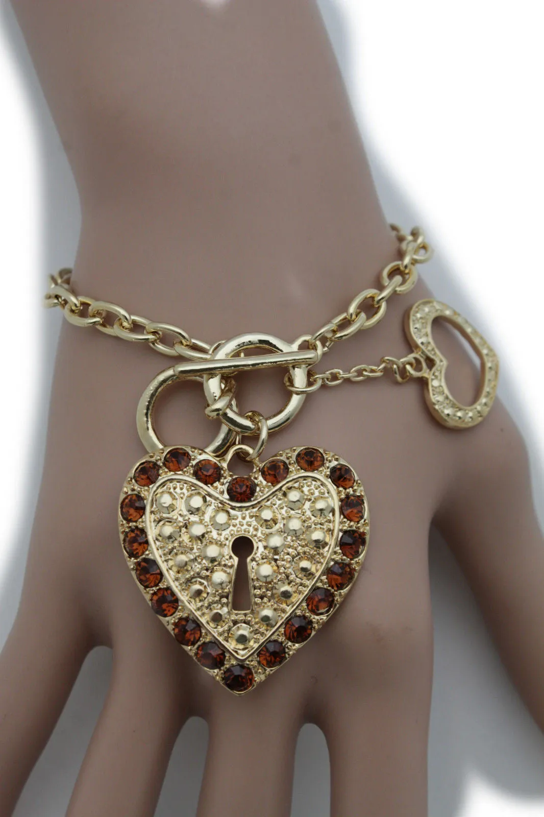 Gold Silver Metal Chains Bracelet Heart Charm Lock Key Love Brown Clear Beads