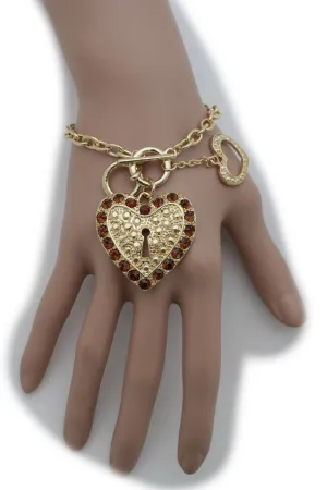 Gold Silver Metal Chains Bracelet Heart Charm Lock Key Love Brown Clear Beads