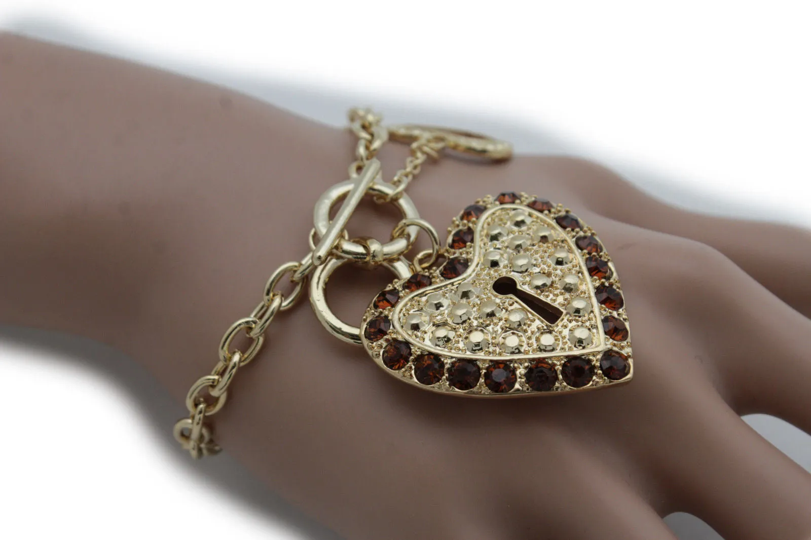 Gold Silver Metal Chains Bracelet Heart Charm Lock Key Love Brown Clear Beads