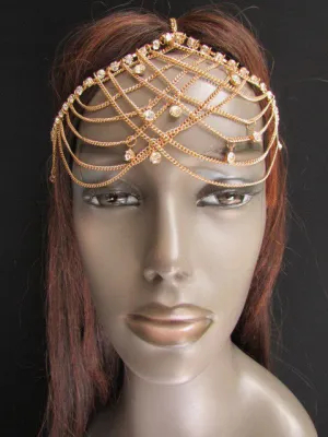 Gold Silver Metal Forehead Head Chain Rhinestones Multi Waves Hair