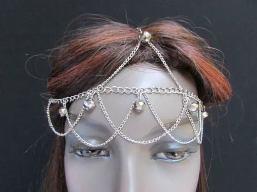 Gold Silver Metal Waves Head Thin Light Chain Multi Clear Beads Hair Piece