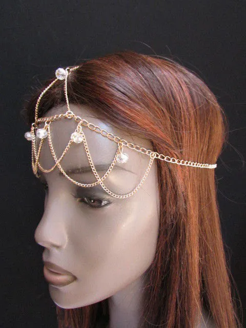 Gold Silver Metal Waves Head Thin Light Chain Multi Clear Beads Hair Piece