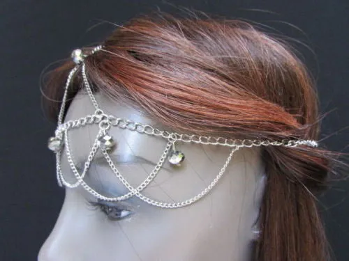 Gold Silver Metal Waves Head Thin Light Chain Multi Clear Beads Hair Piece