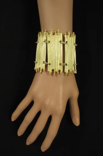 Gold Silver Metal Wide Elastic Stretch Bracelet Bamboo Plates