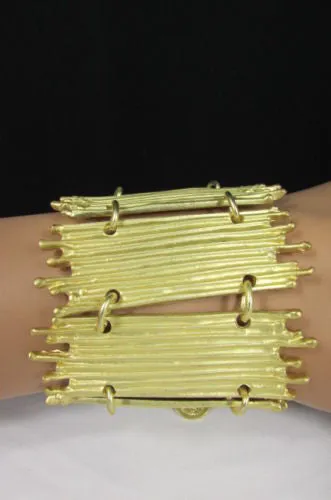 Gold Silver Metal Wide Elastic Stretch Bracelet Bamboo Plates