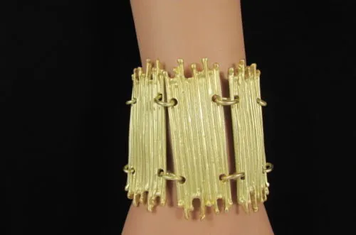 Gold Silver Metal Wide Elastic Stretch Bracelet Bamboo Plates