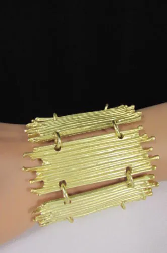 Gold Silver Metal Wide Elastic Stretch Bracelet Bamboo Plates