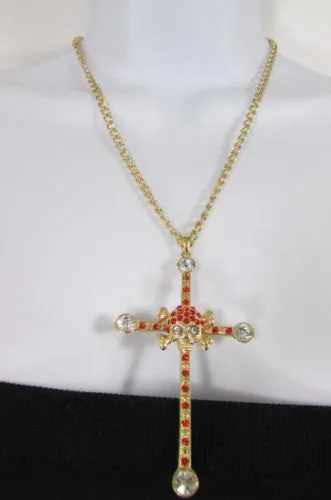 Gold Silver Pewter Gold Red Big Cross Skulls Stud Rhinestone Pendant Necklace