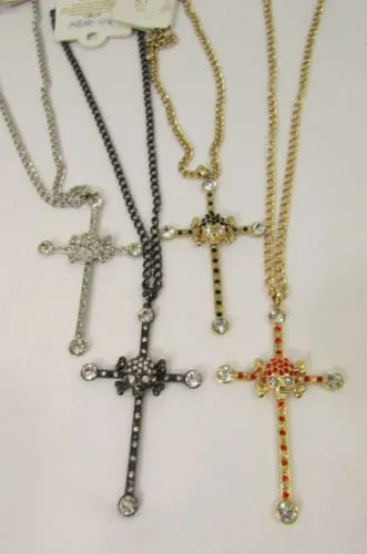 Gold Silver Pewter Gold Red Big Cross Skulls Stud Rhinestone Pendant Necklace