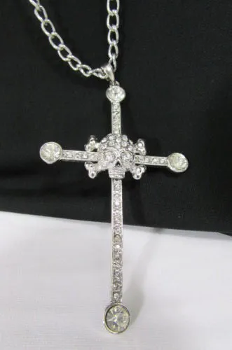 Gold Silver Pewter Gold Red Big Cross Skulls Stud Rhinestone Pendant Necklace