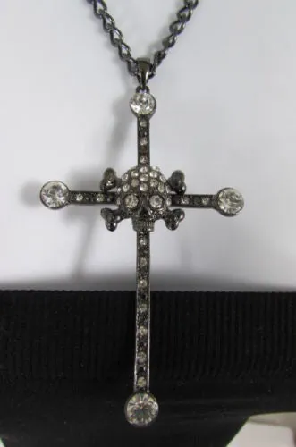 Gold Silver Pewter Gold Red Big Cross Skulls Stud Rhinestone Pendant Necklace